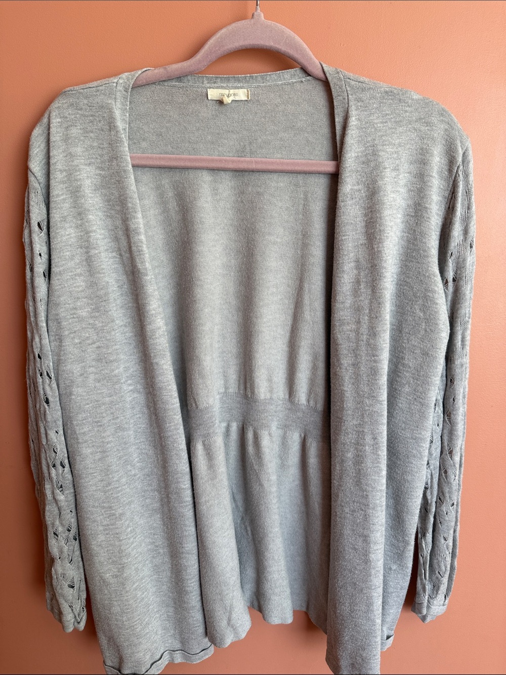 Maurices Light Gray Open-Front Cardigan with Eyelet Sleeve Detail
